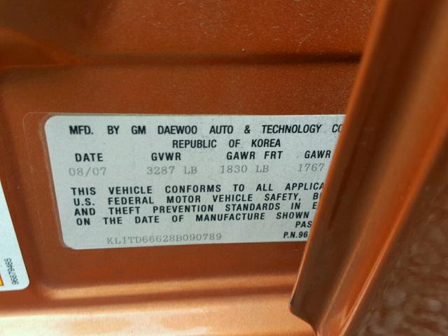 KL1TD66628B090789 - 2008 CHEVROLET AVEO BASE Қызғылт сары фото 10