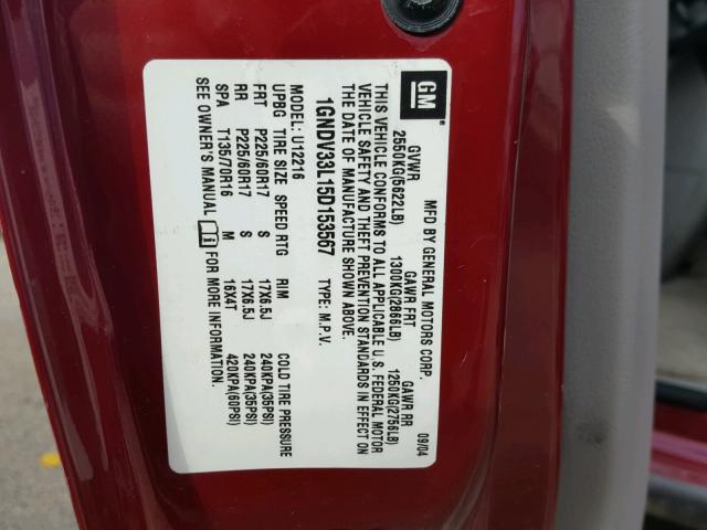 1GNDV33L15D153567 - 2005 CHEVROLET UPLANDER L BURGUNDY photo 10