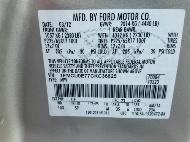 1FMCU0E77CKC36625 - 2012 FORD ESCAPE LIM TAN photo 10