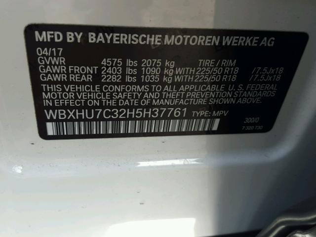 WBXHU7C32H5H37761 - 2017 BMW X1 SDRIVE2 WHITE photo 10