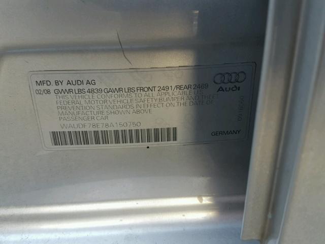 WAUDF78E78A150750 - 2008 AUDI A4 2.0T QU SILVER photo 10