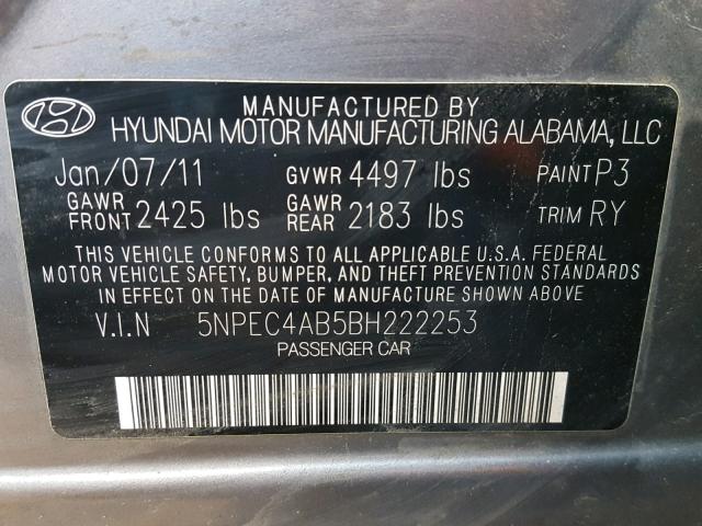 5NPEC4AB5BH222253 - 2011 HYUNDAI SONATA SE SILVER photo 10