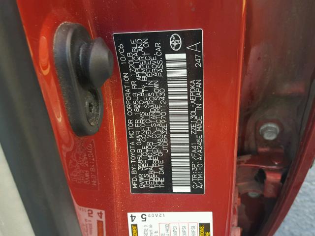 JTDBR32E970112430 - 2007 TOYOTA COROLLA CE RED photo 10