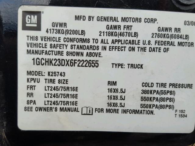 1GCHK23DX6F222655 - 2006 CHEVROLET SILVERADO BLACK photo 10