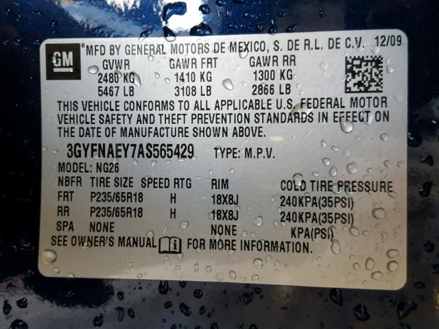 3GYFNAEY7AS565429 - 2010 CADILLAC SRX LUXURY BLUE photo 10