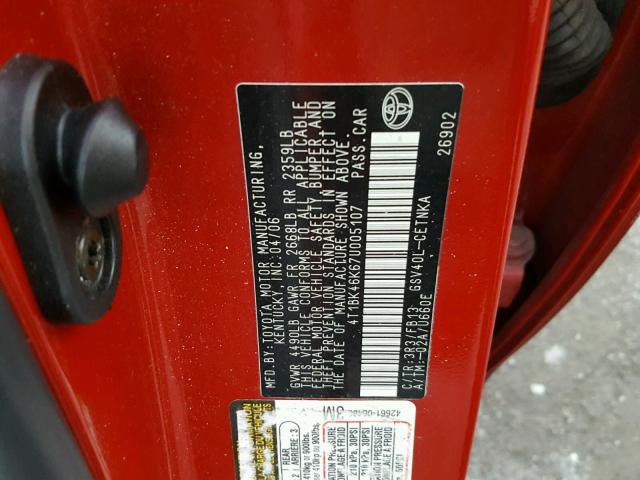 4T1BK46K67U005107 - 2007 TOYOTA CAMRY NEW RED photo 10