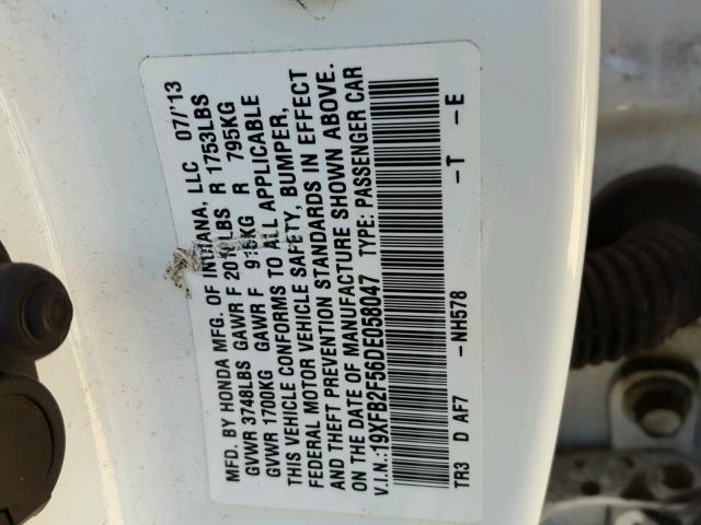 19XFB2F56DE058047 - 2013 HONDA CIVIC LX WHITE photo 10