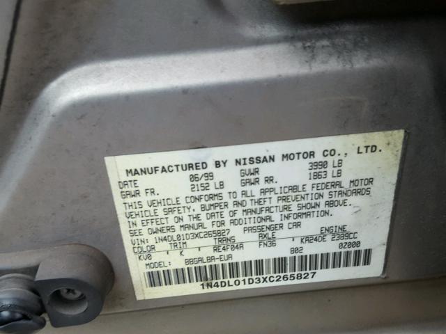 1N4DL01D3XC265827 - 1999 NISSAN ALTIMA XE SILVER photo 10