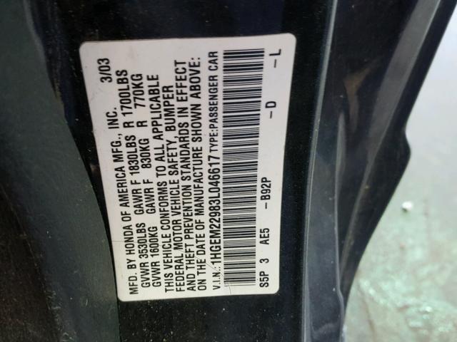 1HGEM22983L046617 - 2003 HONDA CIVIC EX BLACK photo 10