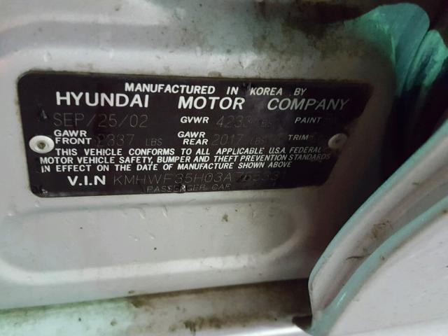 KMHWF35H03A755331 - 2003 HYUNDAI SONATA GLS SILVER photo 10