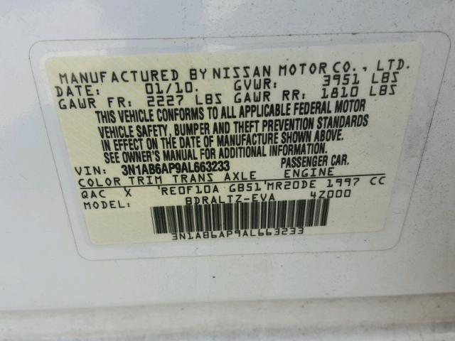 3N1AB6AP9AL663233 - 2010 NISSAN SENTRA 2.0 WHITE photo 10