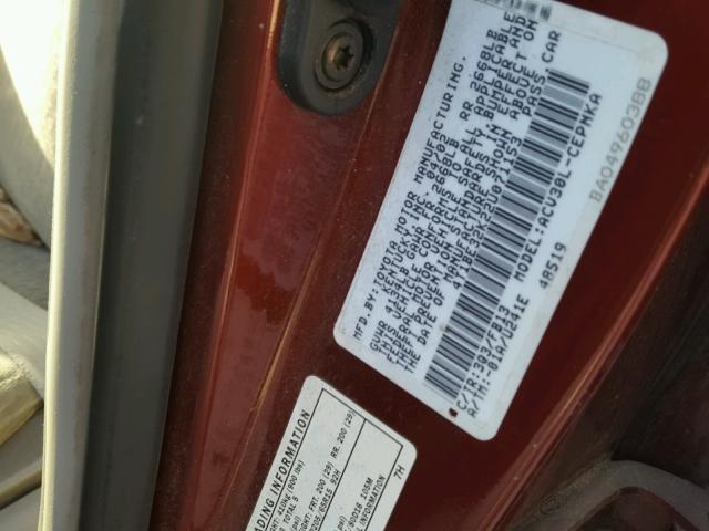 4T1BE32K22U071153 - 2002 TOYOTA CAMRY LE წითელი ფოტო 10