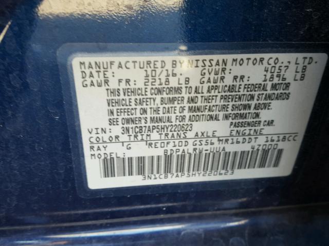 3N1CB7AP5HY220623 - 2017 NISSAN SENTRA SR BLUE photo 10