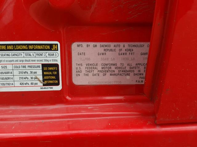 KL1TD56696B617735 - 2006 CHEVROLET AVEO BASE Қызыл фото 10