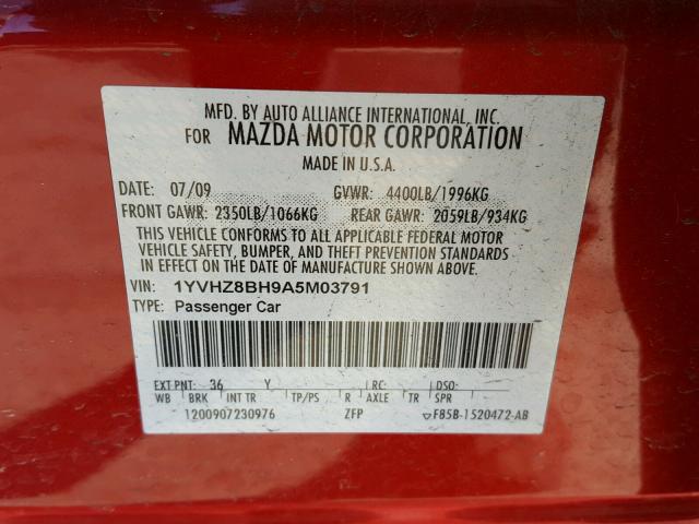 1YVHZ8BH9A5M03791 - 2010 MAZDA 6 I RED photo 10