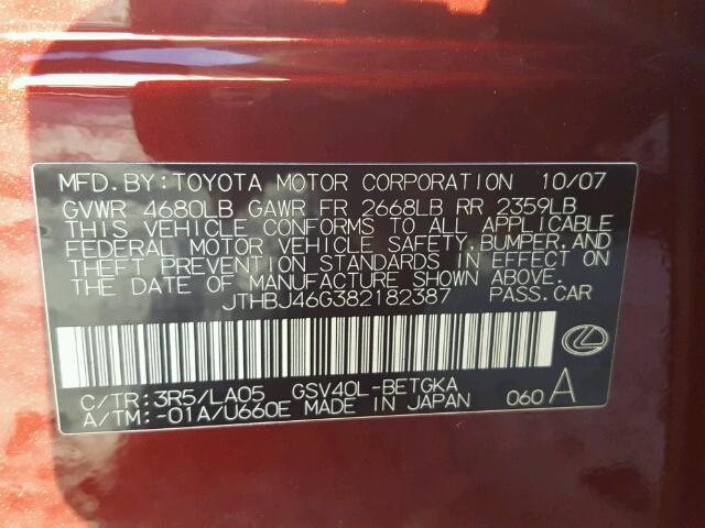 JTHBJ46G382182387 - 2008 LEXUS ES 350 MAROON photo 10