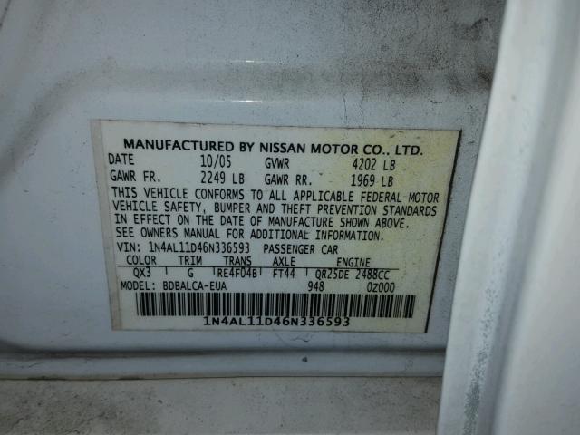 1N4AL11D46N336593 - 2006 NISSAN ALTIMA S WHITE photo 10