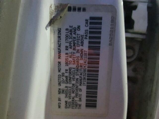 1Y1SK5280YZ421187 - 2000 CHEVROLET GEO PRIZM 白色 照片 10