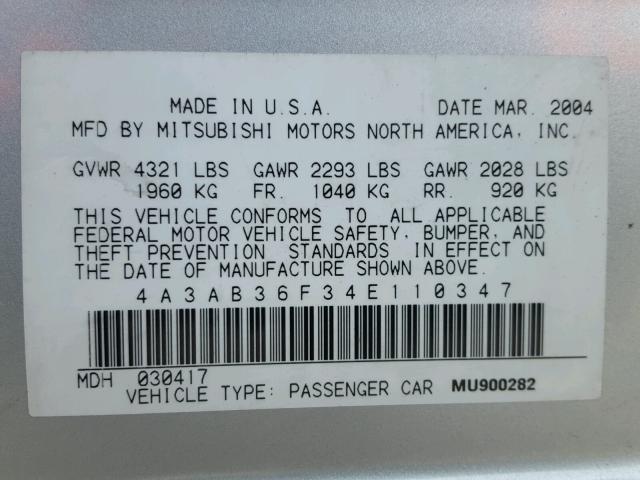 4A3AB36F34E110347 - 2004 MITSUBISHI GALANT ES SILVER photo 10