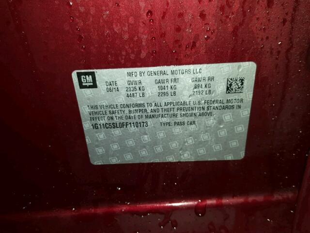 1G11C5SL0FF110173 - 2015 CHEVROLET MALIBU 1LT MAROON photo 10