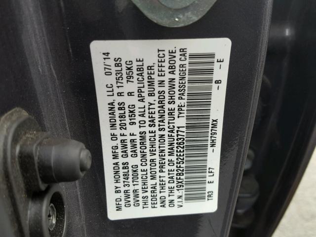 19XFB2F52EE263771 - 2014 HONDA CIVIC LX GRAY photo 10