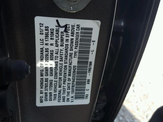 19XFB2F94CE039420 - 2012 HONDA CIVIC EXL GRAY photo 10