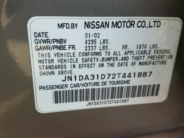 JN1DA31D72T441887 - 2002 NISSAN MAXIMA GRAY photo 10