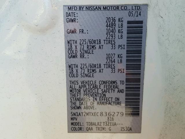 5N1AT2MTXEC836279 - 2014 NISSAN ROGUE S WHITE photo 10