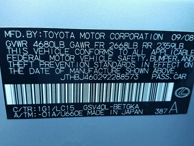 JTHBJ46G292288573 - 2009 LEXUS ES 350 GRAY photo 10