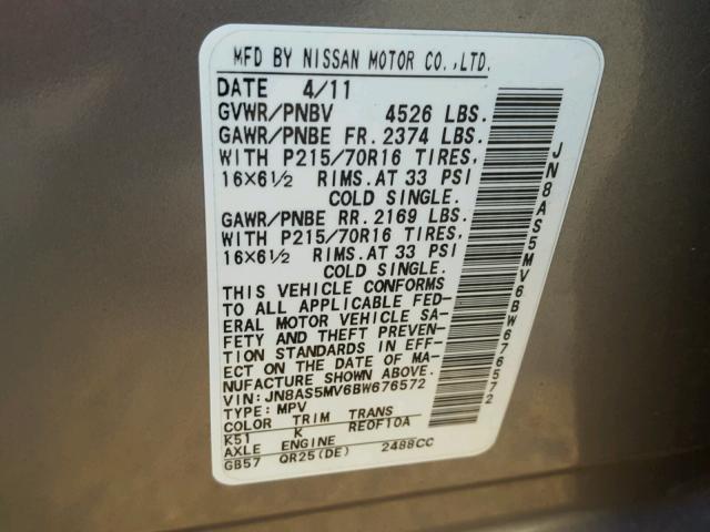 JN8AS5MV6BW676572 - 2011 NISSAN ROGUE S GRAY photo 10