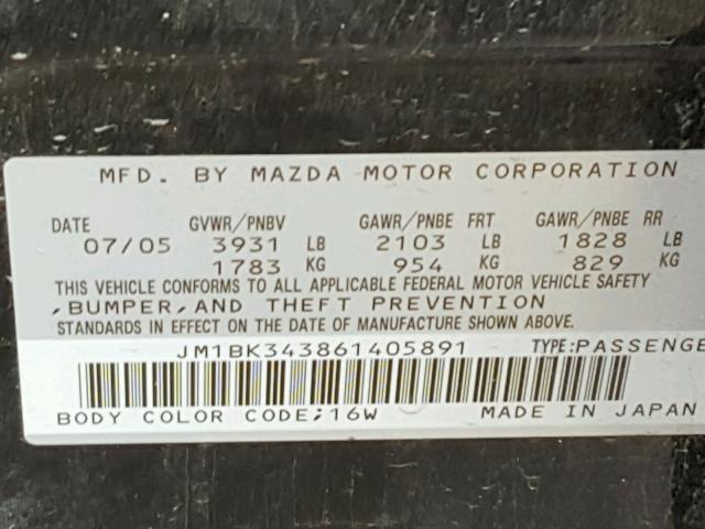 JM1BK343861405891 - 2006 MAZDA 3 HATCHBAC BLACK photo 10