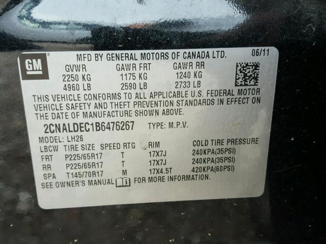 2CNALDEC1B6476267 - 2011 CHEVROLET EQUINOX LT BLACK photo 10