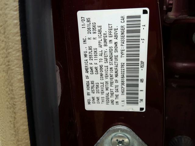 1HGCP36818A022782 - 2008 HONDA ACCORD EXL MAROON photo 10