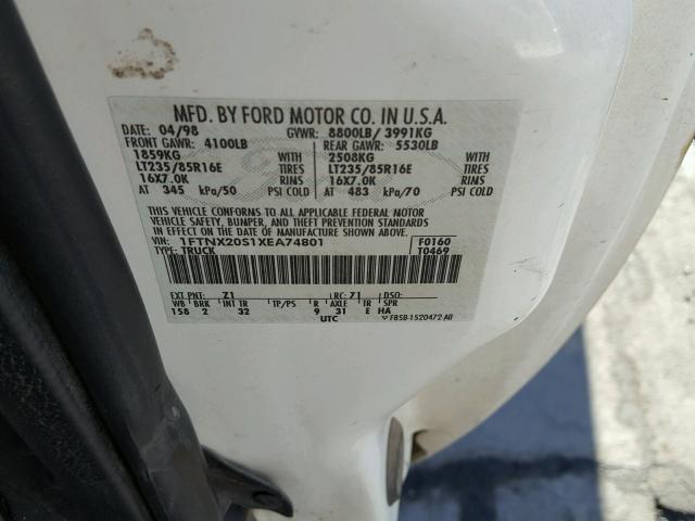 1FTNX20S1XEA74801 - 1999 FORD F250 SUPER WHITE photo 10