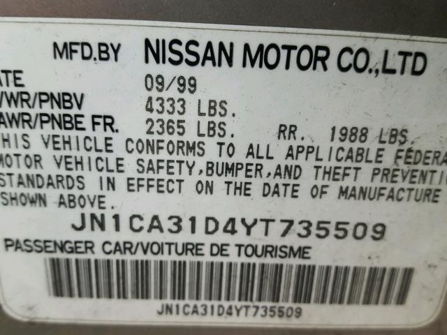 JN1CA31D4YT735509 - 2000 NISSAN MAXIMA GLE GRAY photo 10