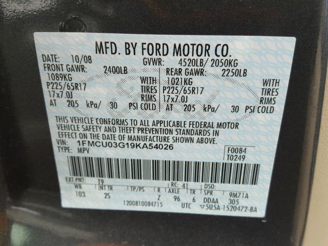 1FMCU03G19KA54026 - 2009 FORD ESCAPE XLT GRAY photo 10