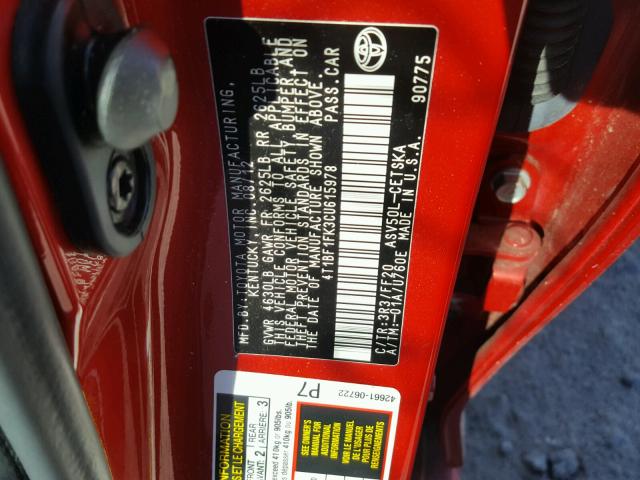 4T1BF1FK3CU615978 - 2012 TOYOTA CAMRY BASE RED photo 10