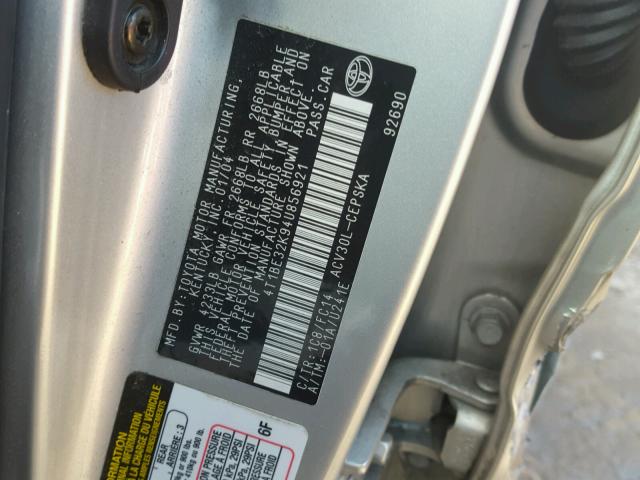 4T1BE32K94U856921 - 2004 TOYOTA CAMRY LE SILVER photo 10