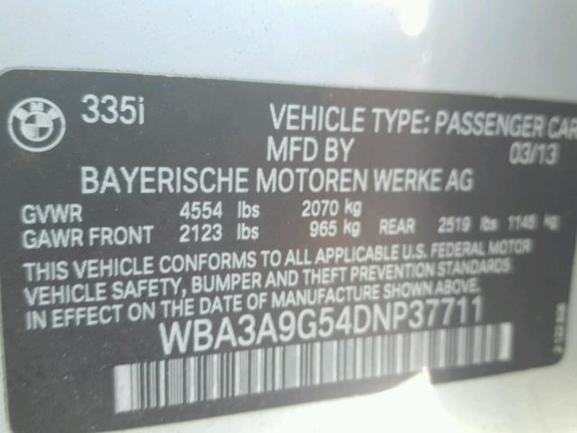 WBA3A9G54DNP37711 - 2013 BMW 335 I SILVER photo 10