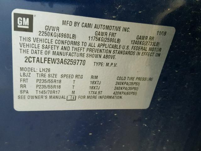 2CTALFEW3A6259770 - 2010 GMC TERRAIN SL BLUE photo 10