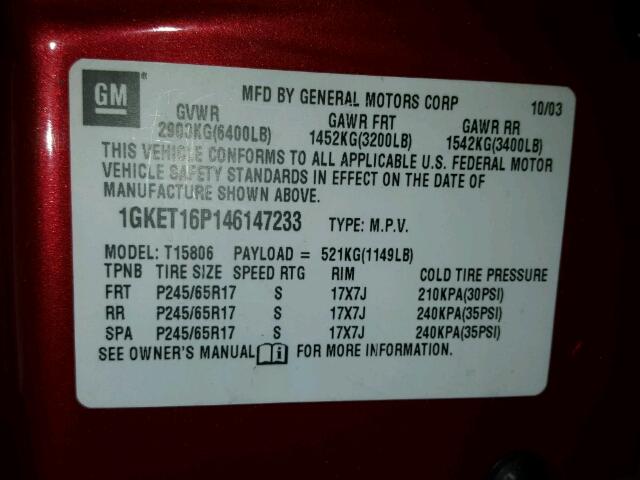 1GKET16P146147233 - 2004 GMC ENVOY XL RED photo 10