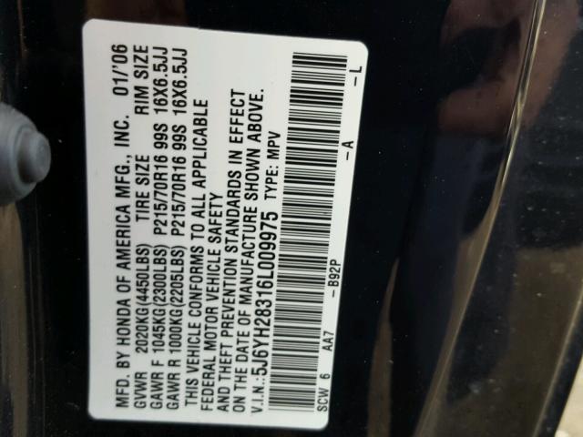 5J6YH28316L009975 - 2006 HONDA ELEMENT LX BLACK photo 10