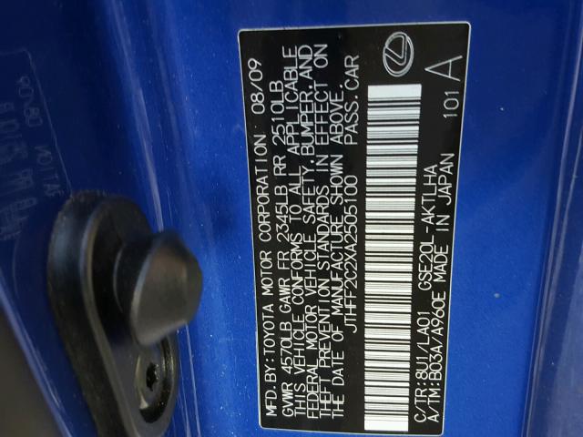 JTHFF2C2XA2505100 - 2010 LEXUS IS 250 BLUE photo 10