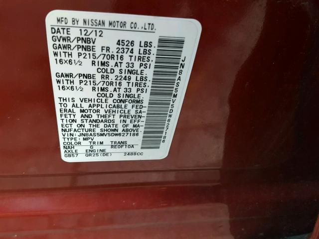 JN8AS5MV5DW627186 - 2013 NISSAN ROGUE S RED photo 10