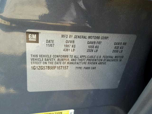 1G1ZG57B98F167157 - 2008 CHEVROLET MALIBU LS ნაცრისფერი ფოტო 10