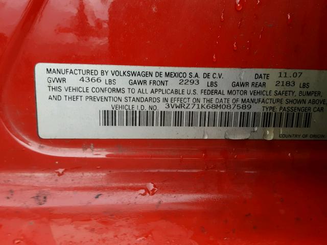 3VWRZ71K68M087589 - 2008 VOLKSWAGEN JETTA SE RED photo 10