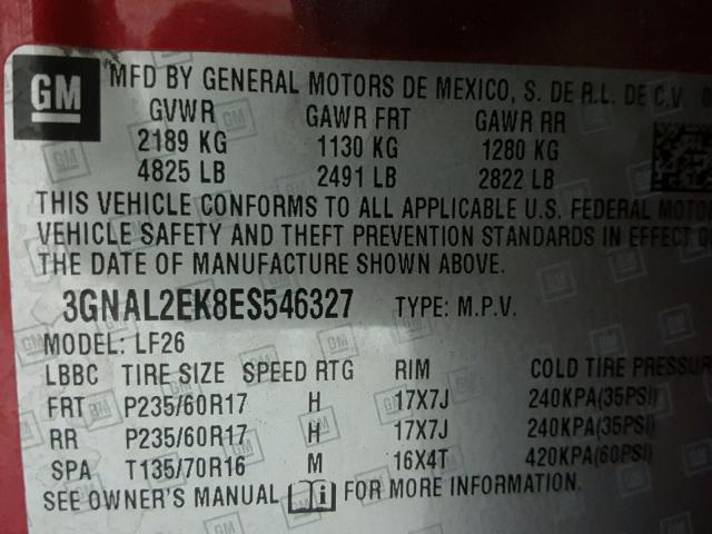 3GNAL2EK8ES546327 - 2014 CHEVROLET CAPTIVA LS 红色 照片 10