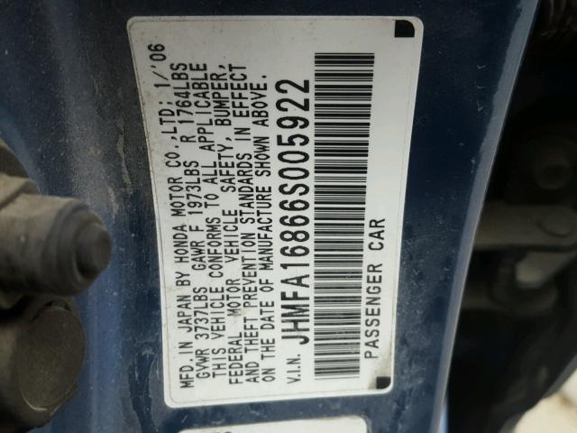 JHMFA16866S005922 - 2006 HONDA CIVIC EX BLUE photo 10