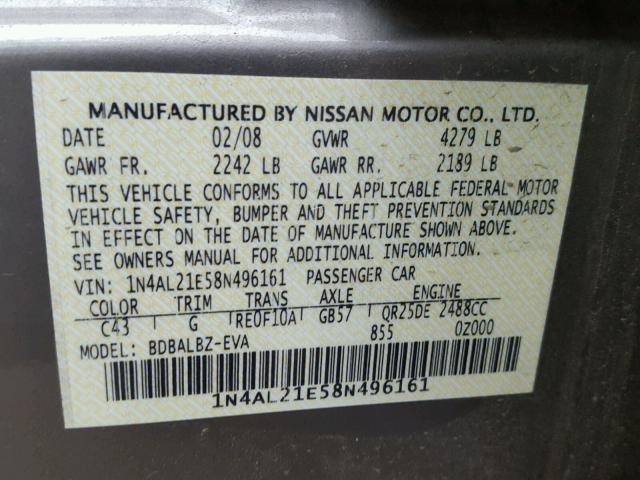 1N4AL21E58N496161 - 2008 NISSAN ALTIMA 2.5 BROWN photo 10