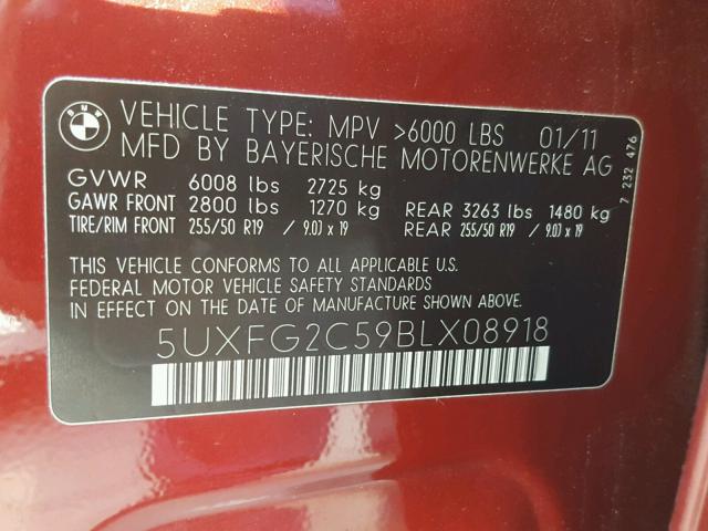 5UXFG2C59BLX08918 - 2011 BMW X6 XDRIVE3 BURGUNDY photo 10